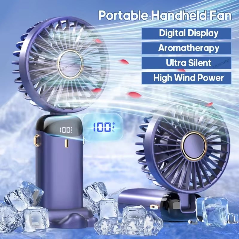 Rechargeable Foldable USB Handheld Mini Fan with 5 Speed Settings, Neck Hanging Design, Phone Stand, and Display Screen