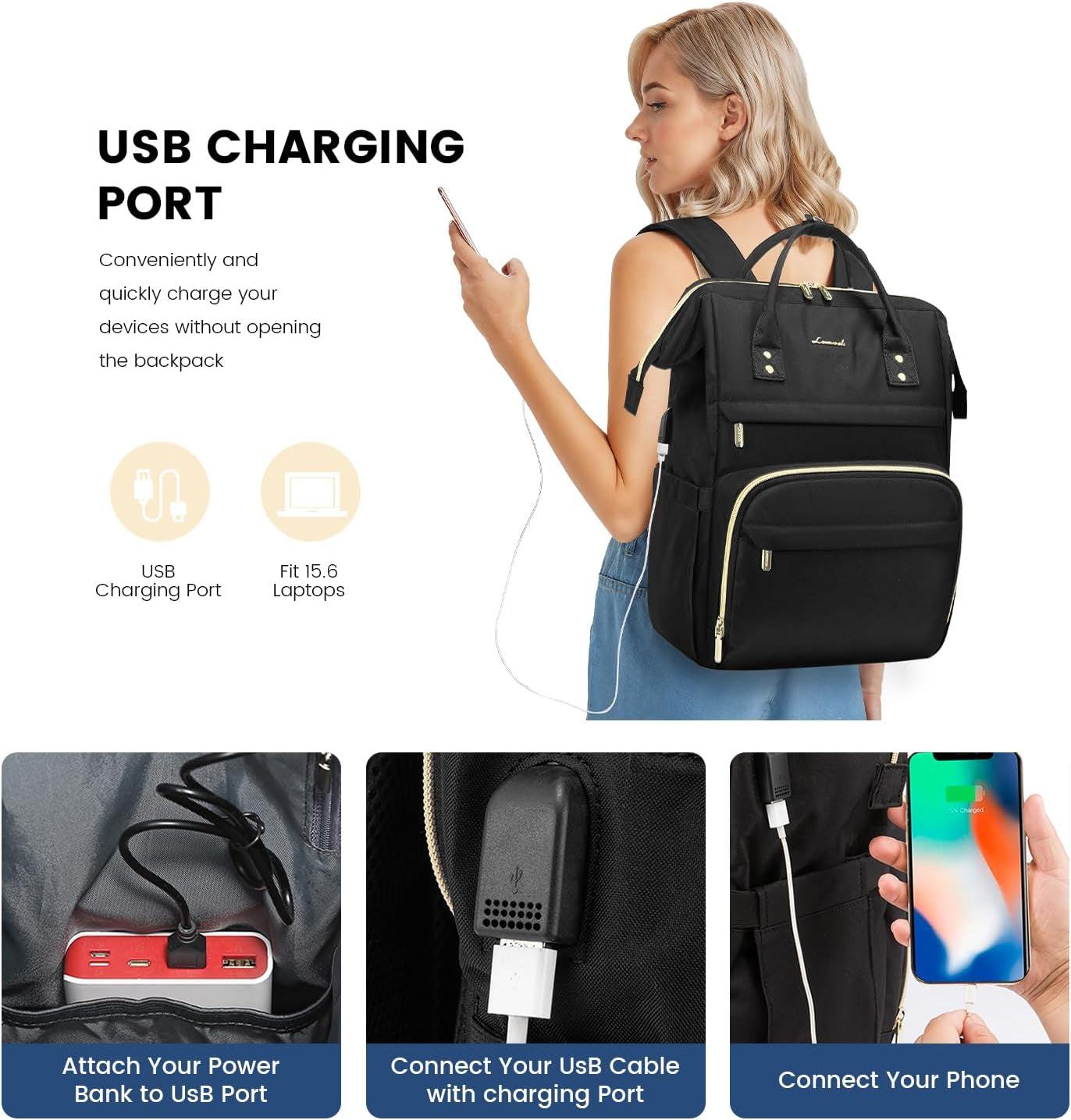 Laptop Backpack Women, 15.6 Inch Work Backpack Woman for Teacher Nurse Bags, Computer College Backpack Purse, Waterproof Anti-Theft Travel Back Pack with USB Charging Port, Black