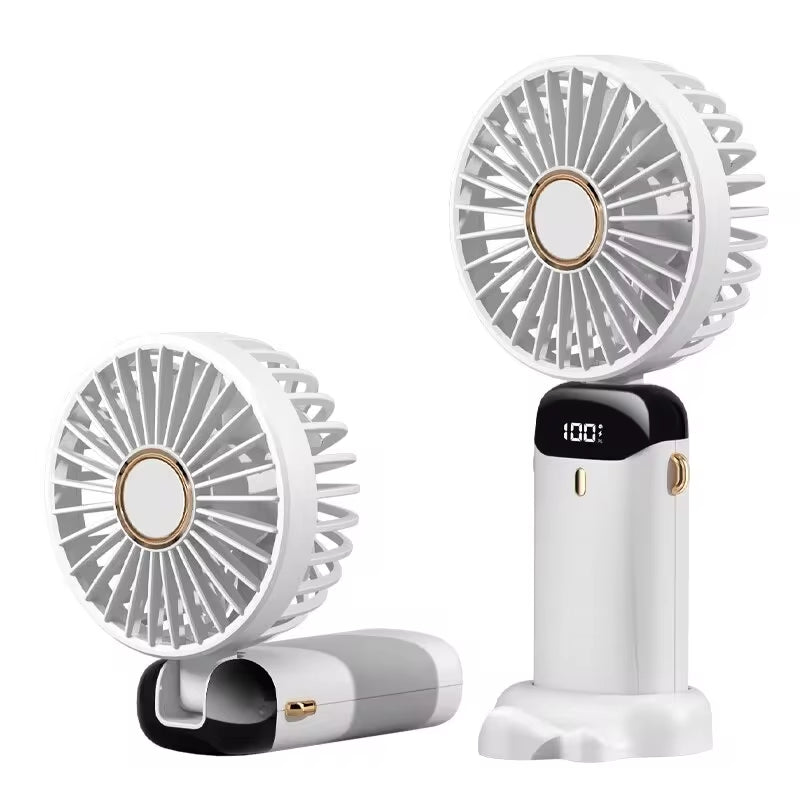 Rechargeable Foldable USB Handheld Mini Fan with 5 Speed Settings, Neck Hanging Design, Phone Stand, and Display Screen