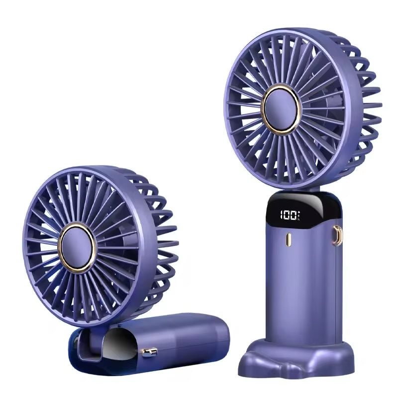 Rechargeable Foldable USB Handheld Mini Fan with 5 Speed Settings, Neck Hanging Design, Phone Stand, and Display Screen